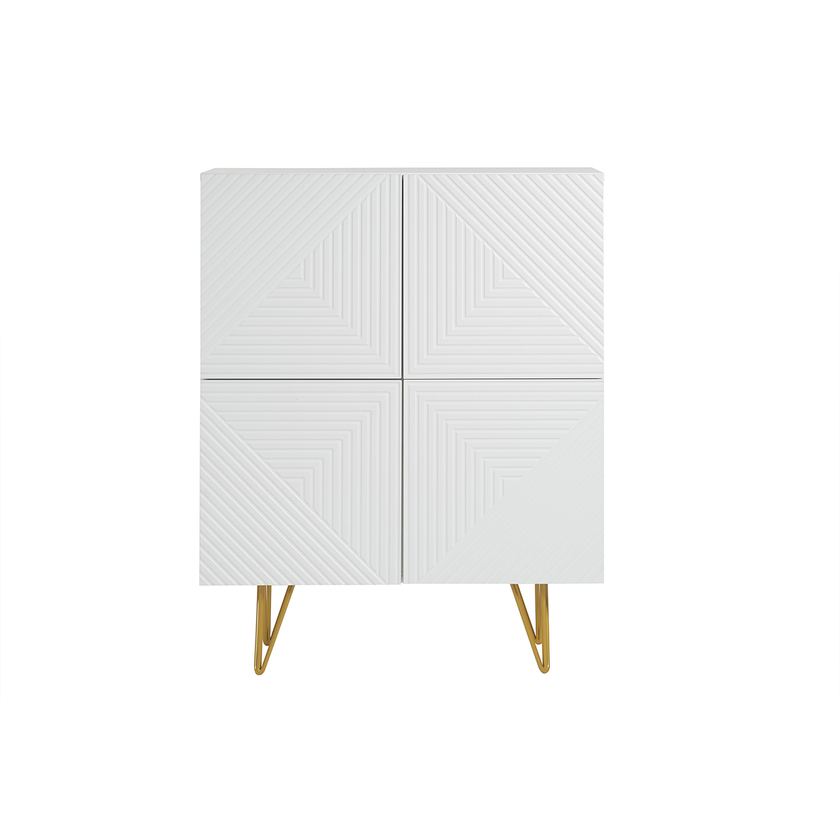 Aparador alto de diseño con 4 puertas y grabados de metal blanco mate y dorado 86 cm OZEN