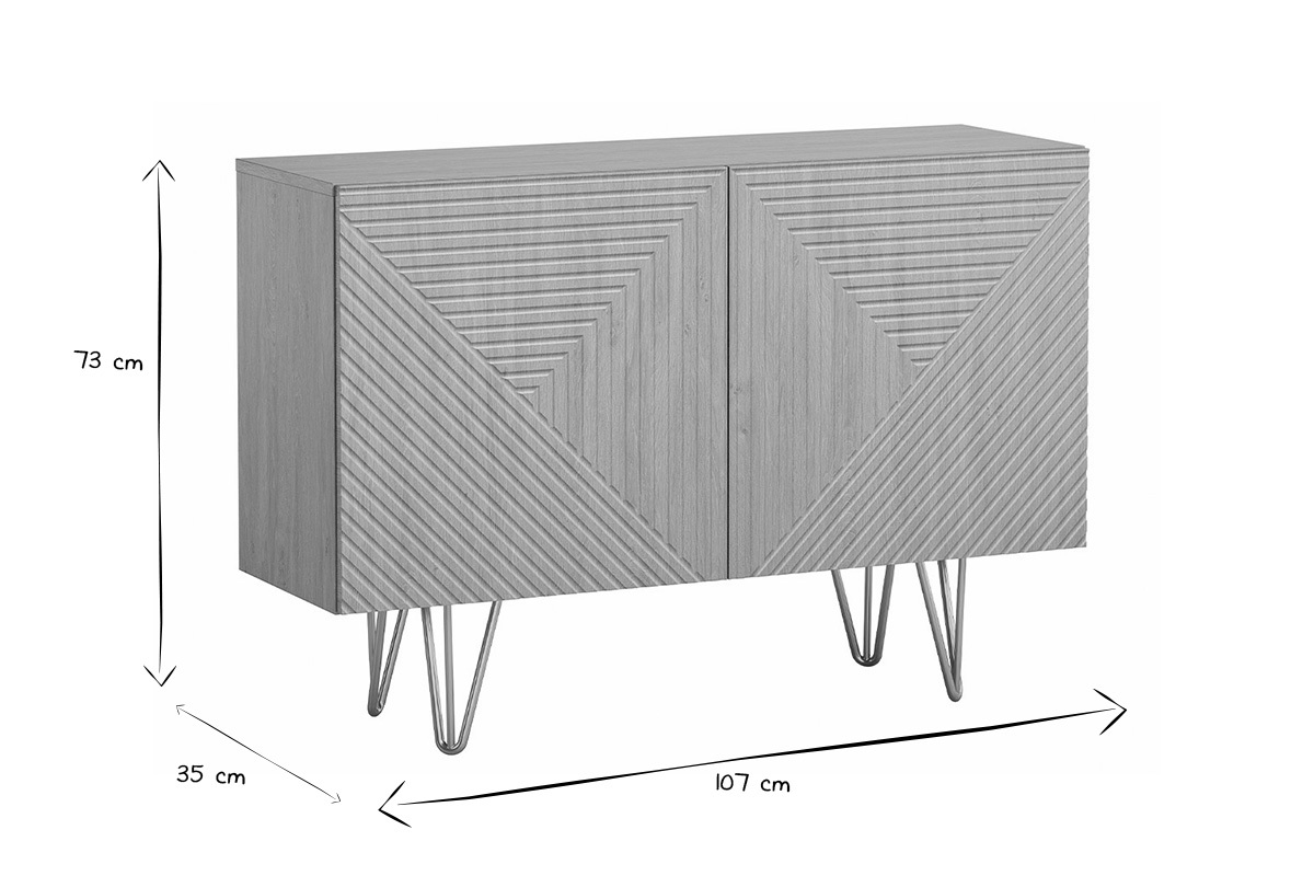 Aparador de diseo de madera de roble claro con grabados y metal dorado 2 puertas 107 cm OZEN