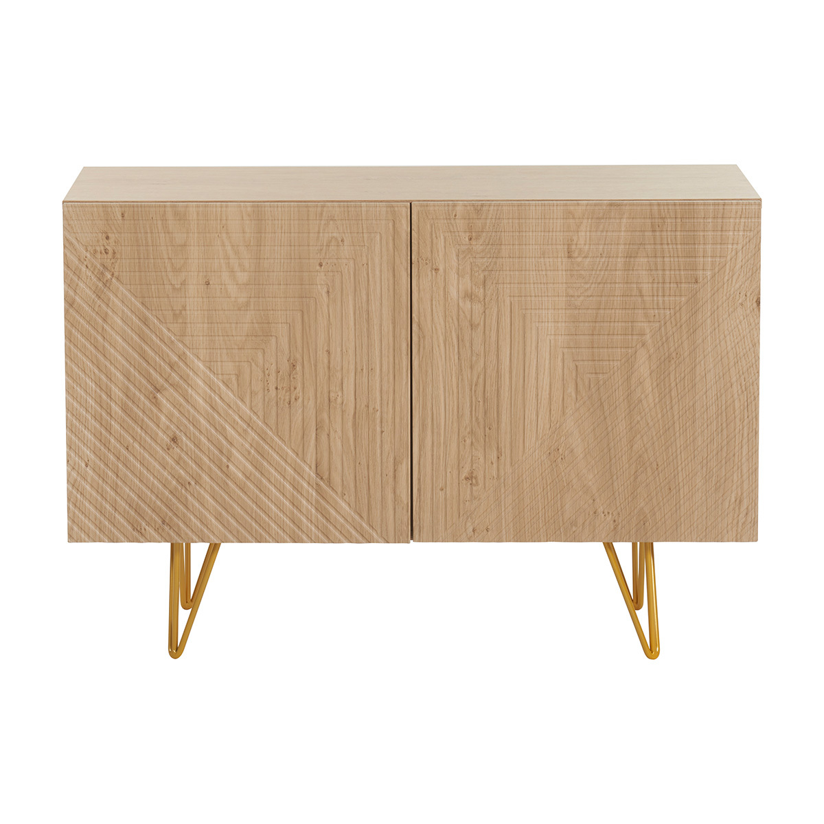 Aparador de diseño de madera de roble claro con grabados y metal dorado 2 puertas 107 cm OZEN