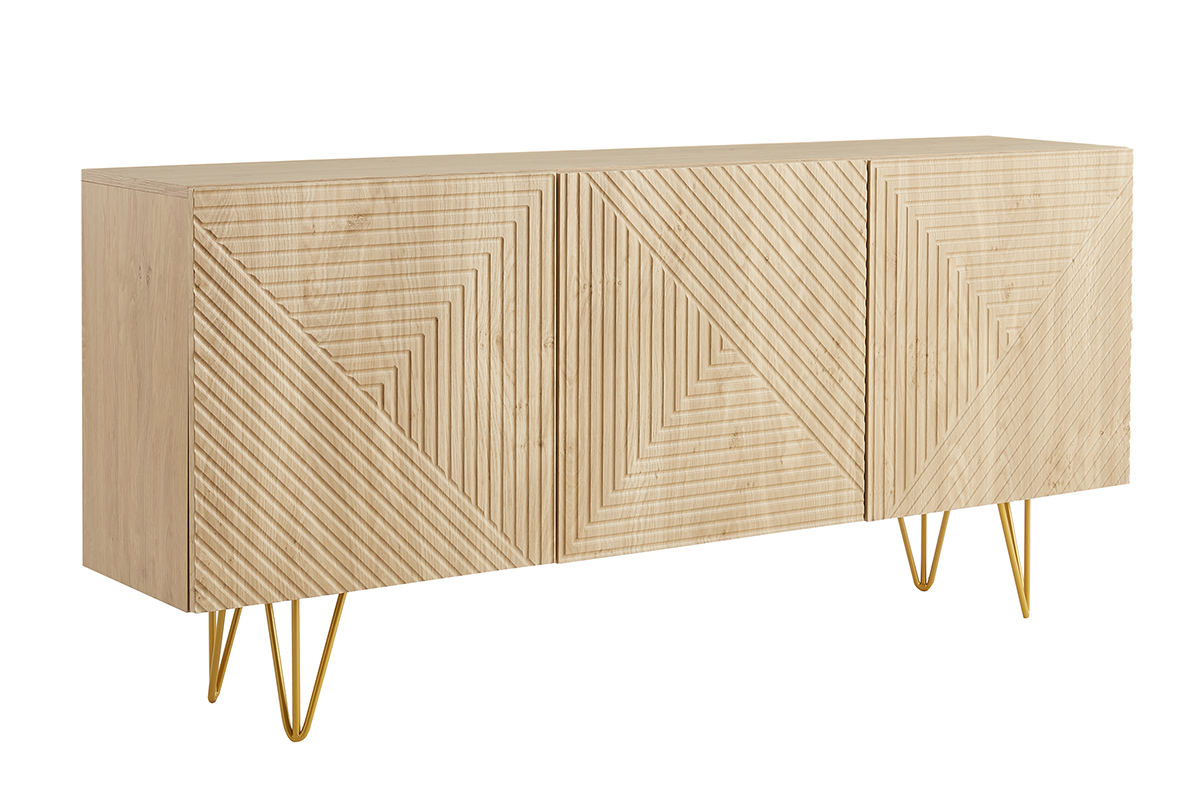 Aparador de diseo de madera de roble claro con grabados y metal dorado 3 puertas 160 cm OZEN