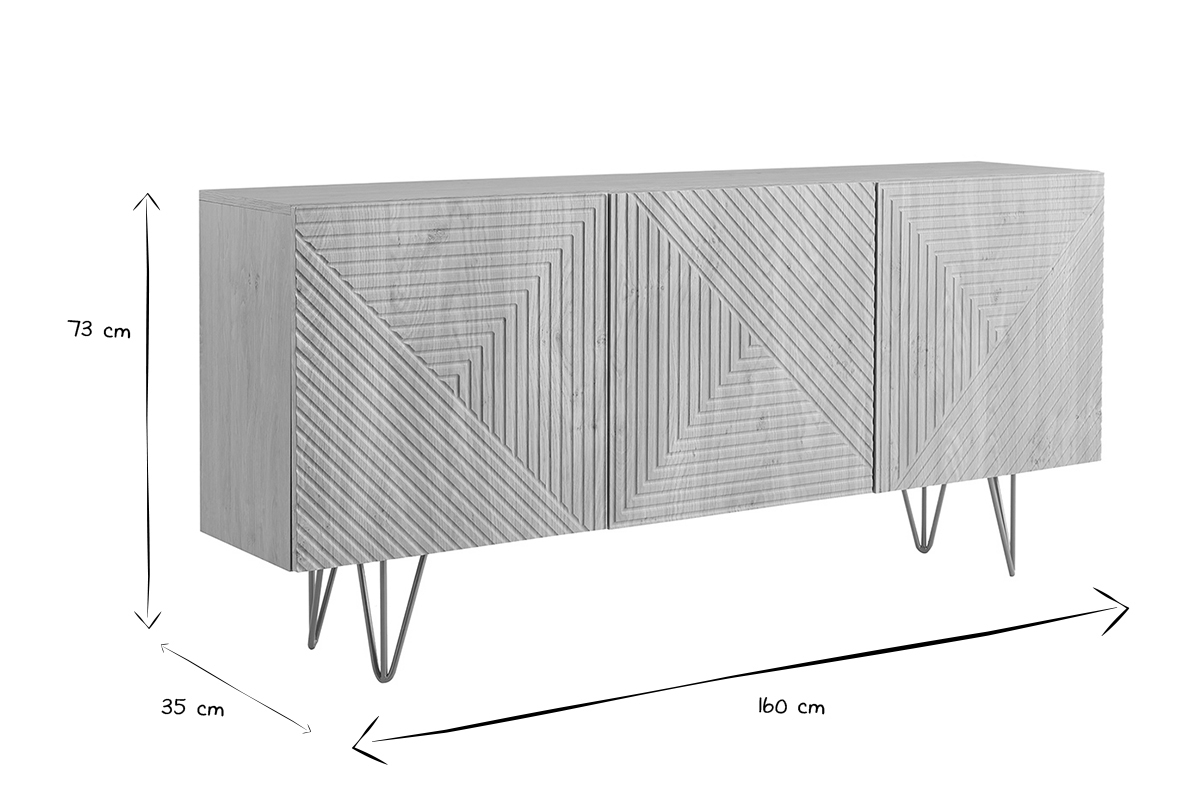 Aparador de diseo de madera de roble claro con grabados y metal dorado 3 puertas 160 cm OZEN