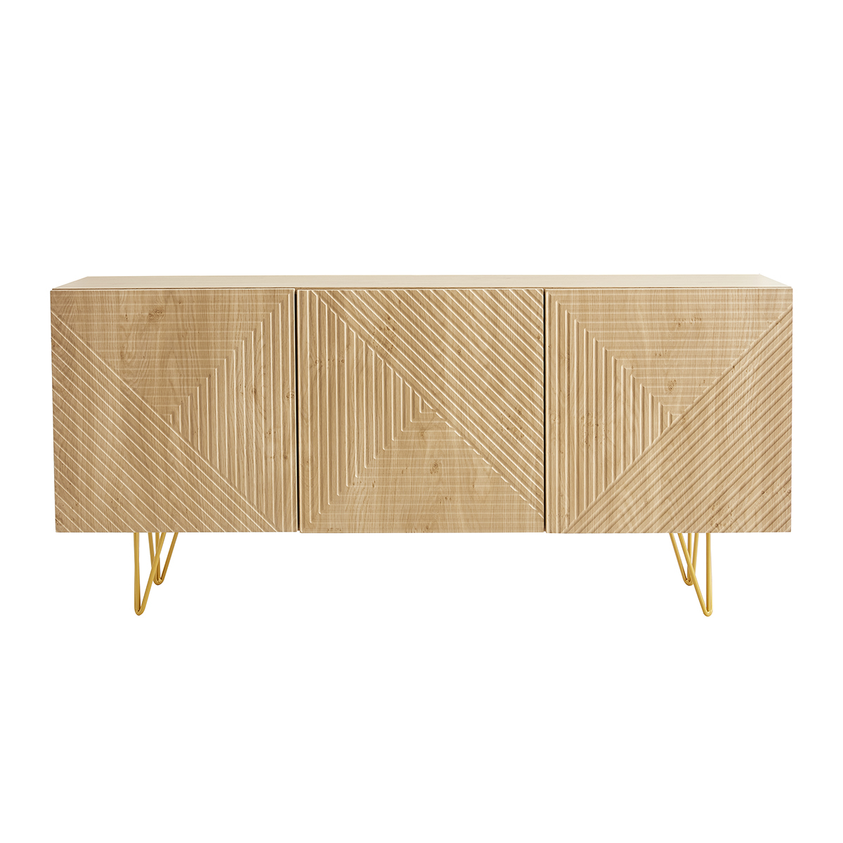 Aparador de diseño de madera de roble claro con grabados y metal dorado 3 puertas 160 cm OZEN