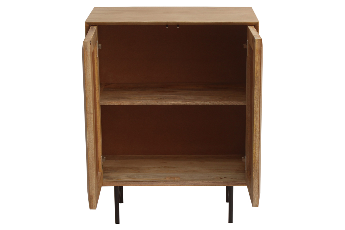 Aparador de madera maciza de mango con grabados y metal negro, 2 puertas 70 cm AGRA