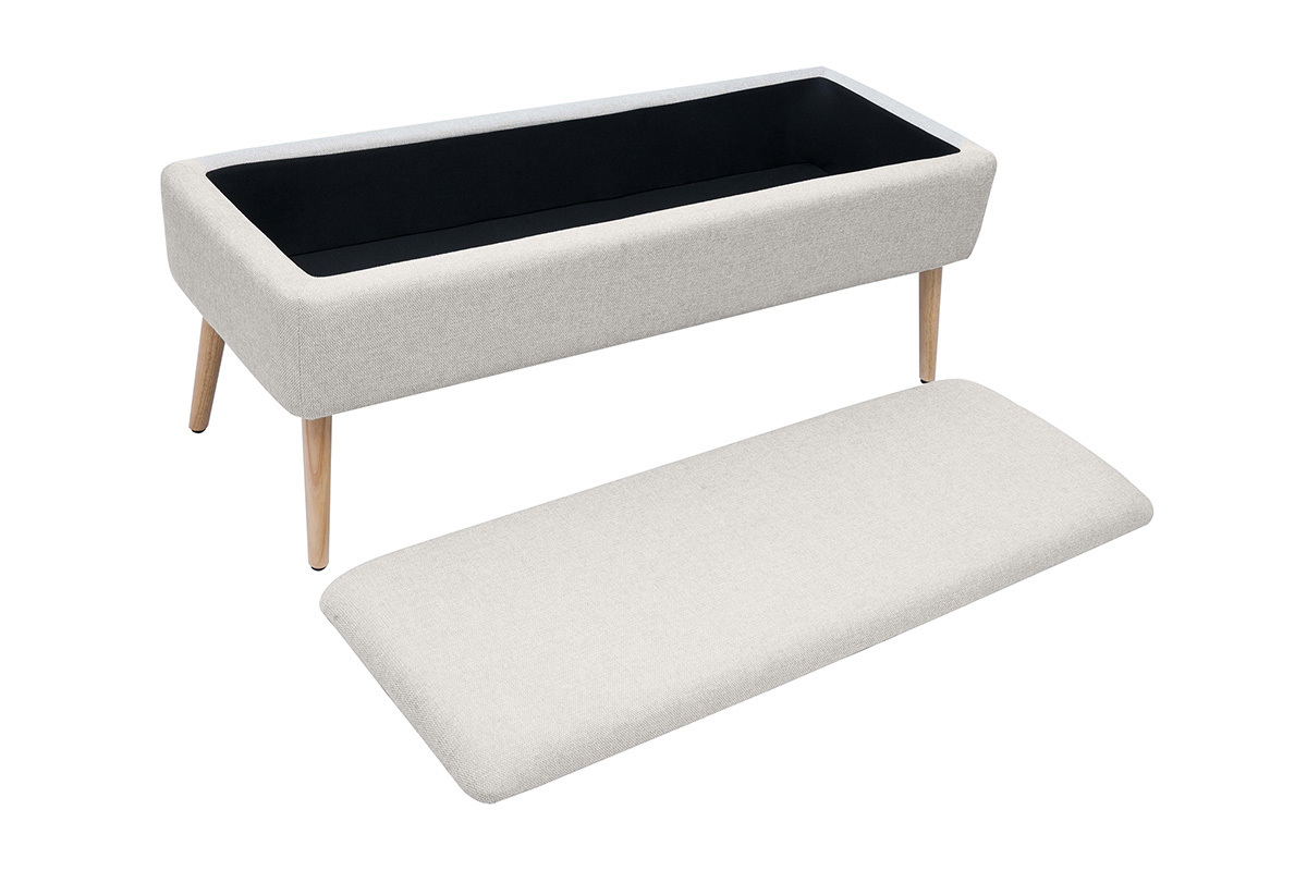 Banco bal de tela efecto terciopelo beige y madera clara maciza L120 cm LARS