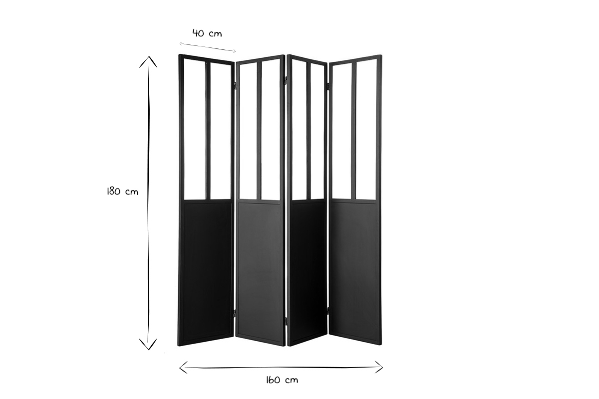 Biombo 4 paneles en metal negro y cristal RACK