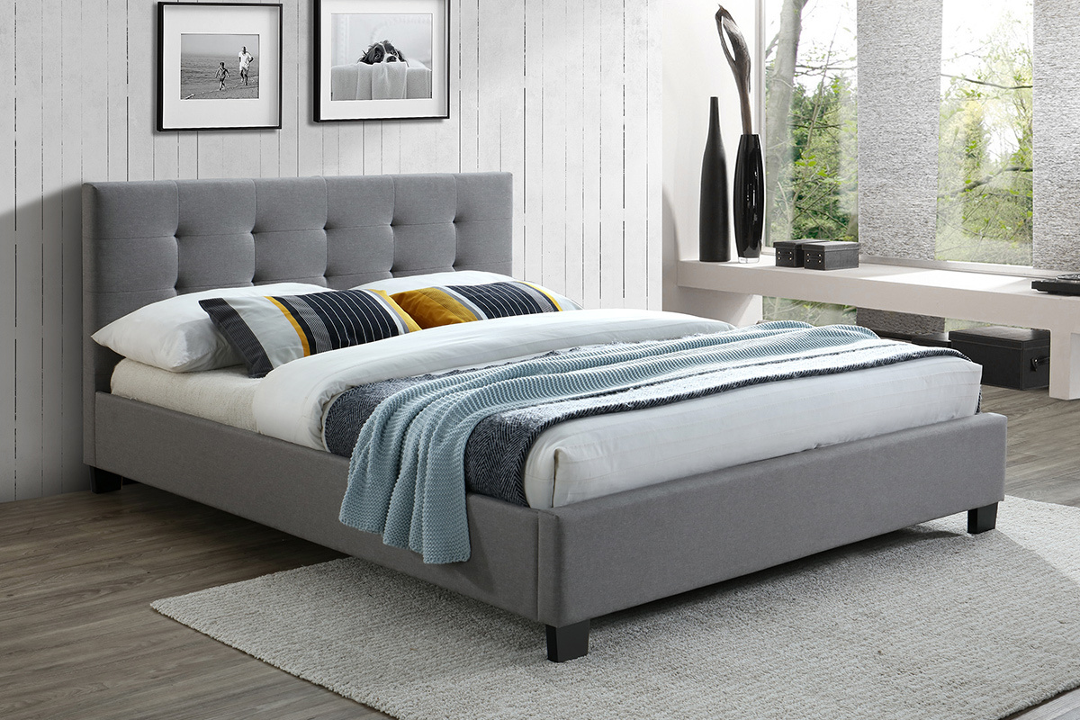 Cama 160 x 200 tela gris acolchada MARQUISE