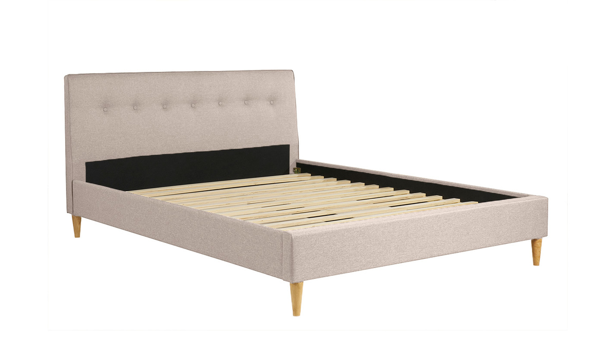 Cama 2 plazas 160 x 200 cm con cabecero de cama de tela beige LEONCE