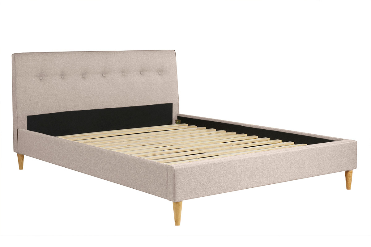 Cama 2 plazas 160 x 200 cm con cabecero de cama de tela beige LEONCE