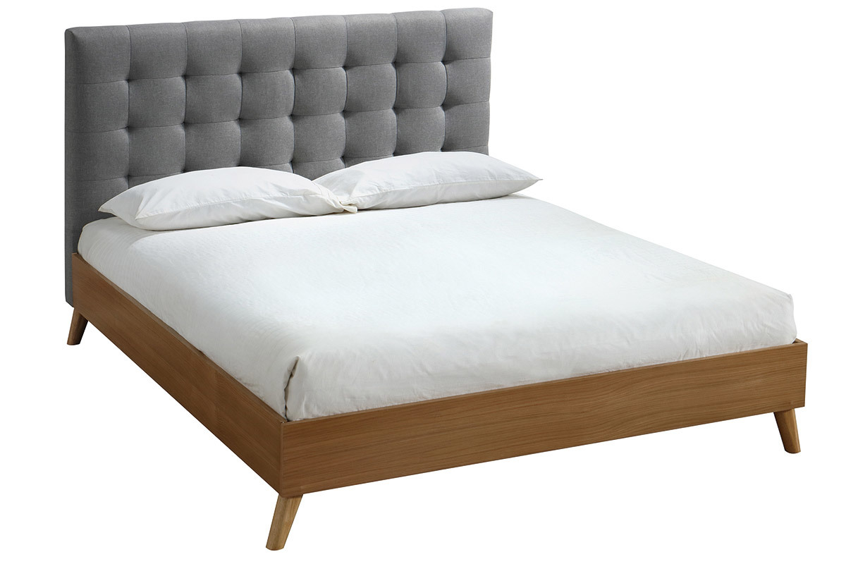 Cama adulto escandinavo madera y tejido gris 140 x 200cm LYNN