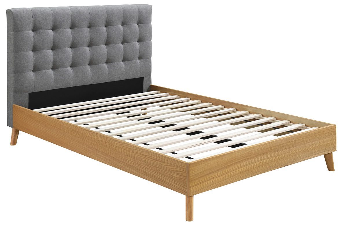 Cama adulto escandinavo madera y tejido gris 140 x 200cm LYNN