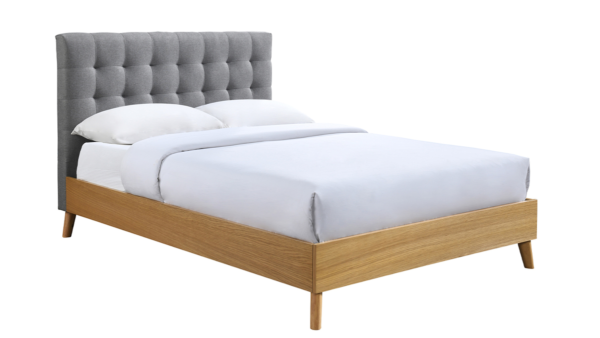 Cama adulto escandinavo madera y tejido gris 140 x 200cm LYNN