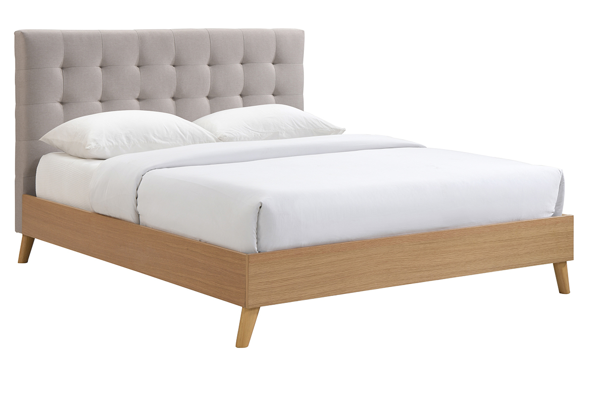 Cama adulto estilo nrdico madera y tejido beige 160 x 200cm LYNN