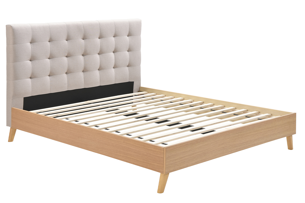 Cama adulto estilo nrdico madera y tejido beige 160 x 200cm LYNN