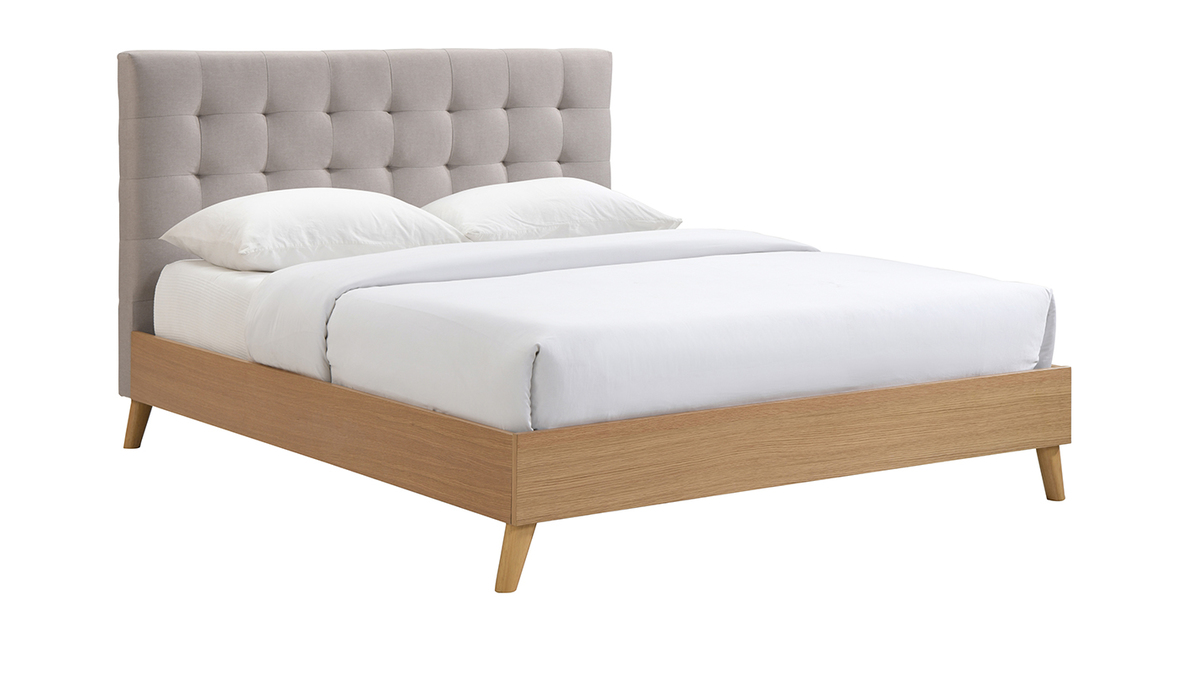 Cama adulto estilo nrdico madera y tejido beige 160 x 200cm LYNN