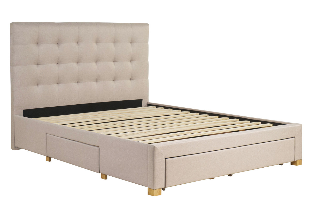 Cama con cajones 2 plazas 160 x 200 cm de tela beige RENO