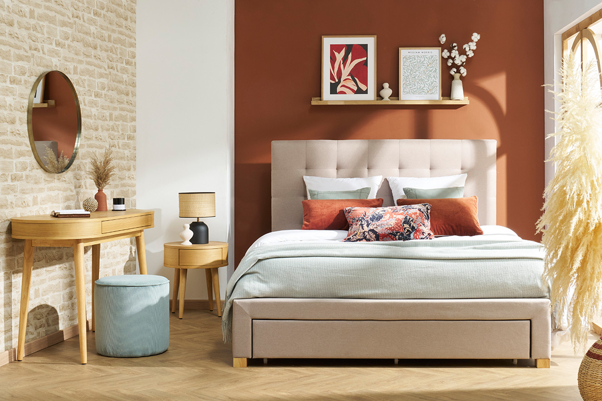 Cama con cajones 2 plazas 160 x 200 cm de tela beige RENO