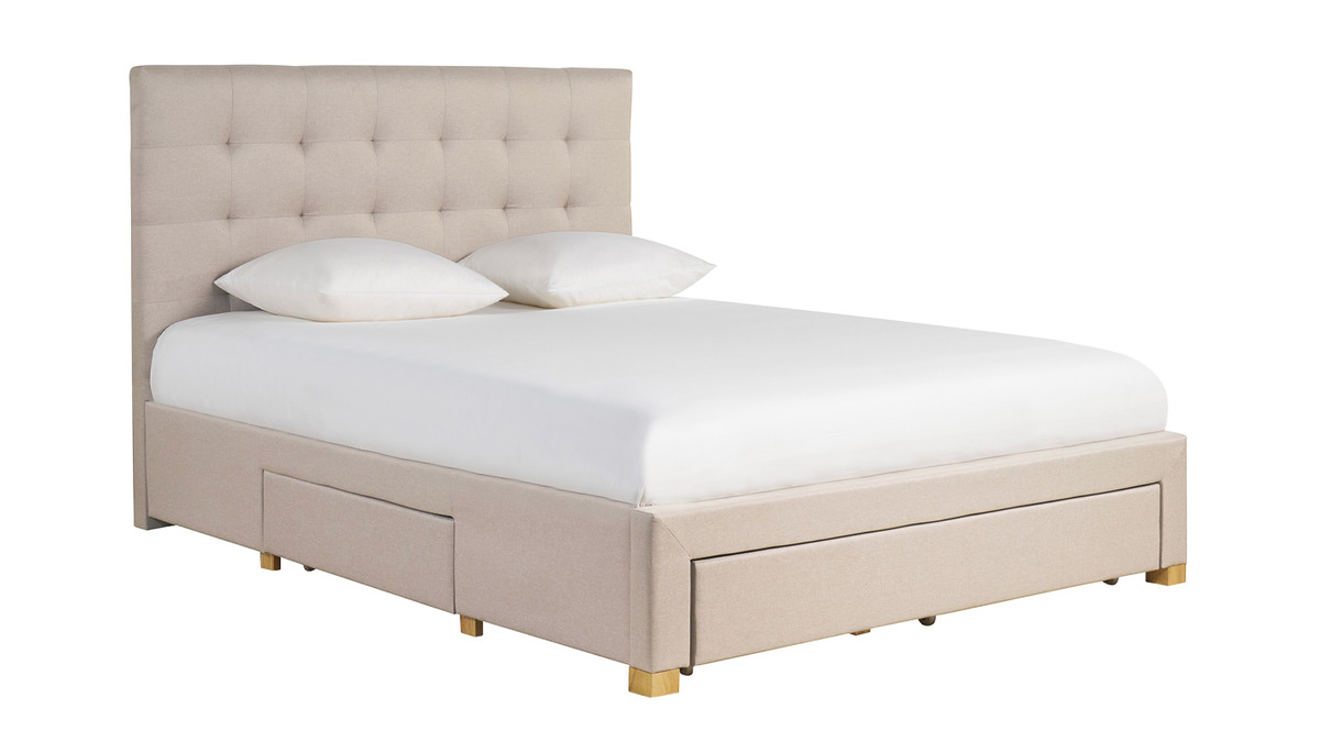 Cama con cajones 2 plazas 160 x 200 cm de tela beige RENO