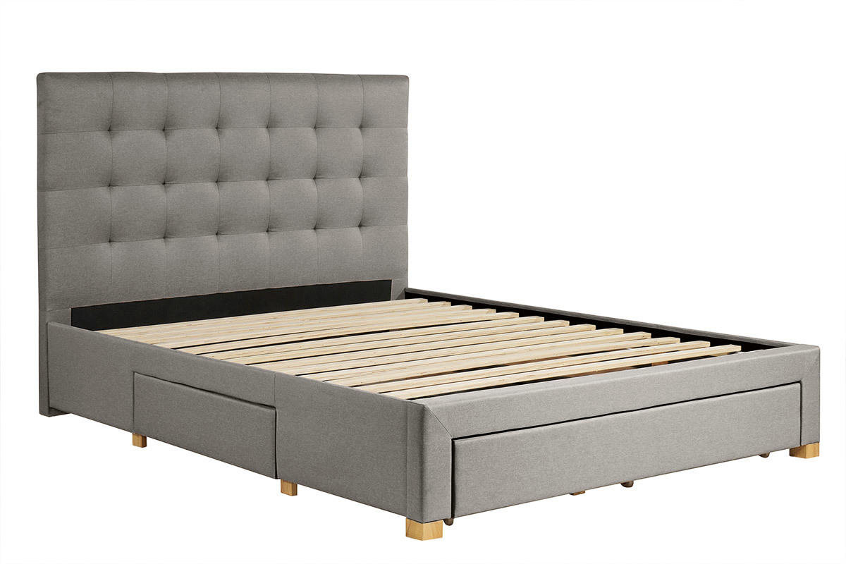 Cama con cajones 2 plazas 160 x 200 cm de tela gris claro RENO