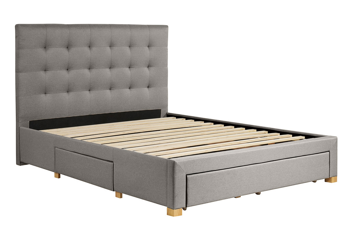 Cama con cajones 2 plazas 160 x 200 cm de tela gris claro RENO