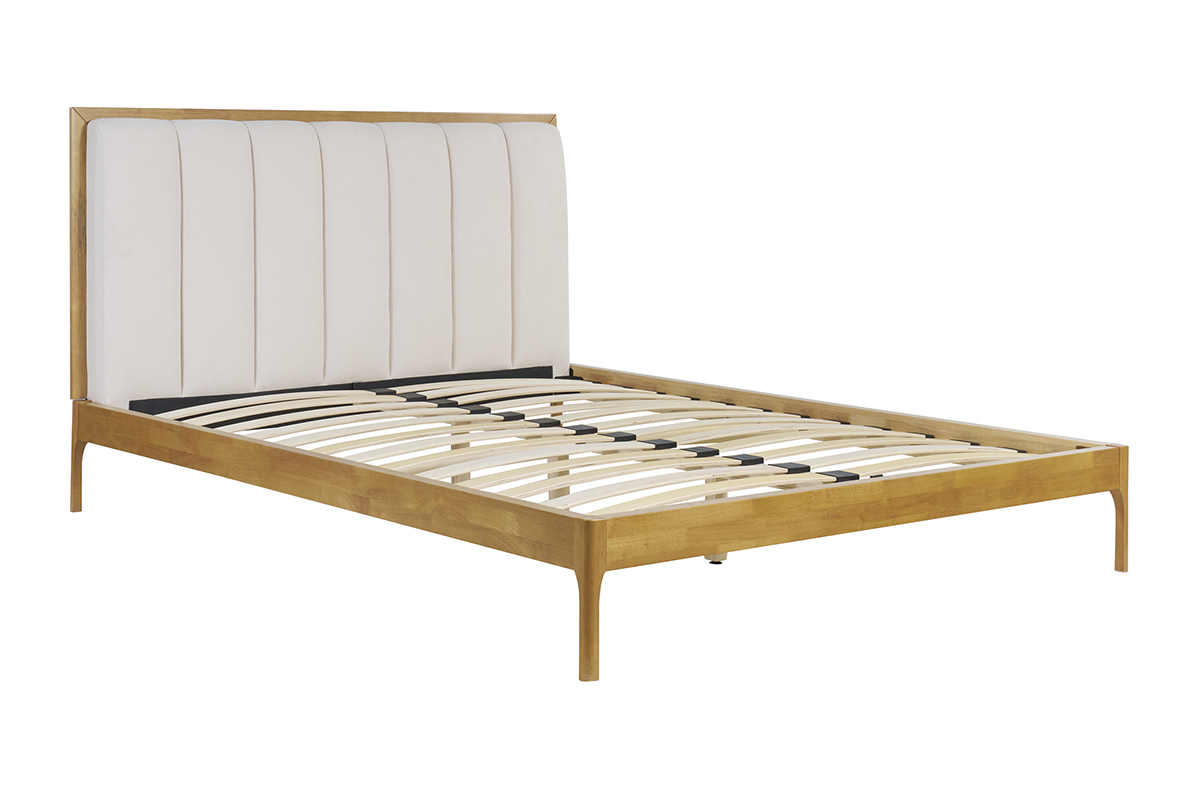 Cama de 2 plazas 160 x 200 cm de madera clara y tejido gris claro RONN