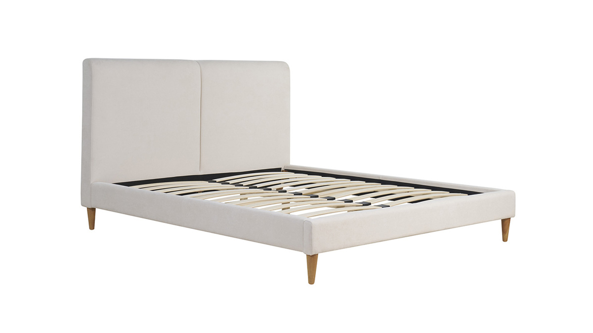 Cama de 2 plazas 160 x 200 cm de tela beige y madera clara SALOME