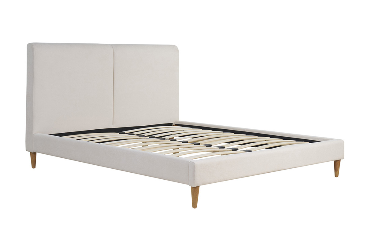 Cama de 2 plazas 160 x 200 cm de tela beige y madera clara SALOME