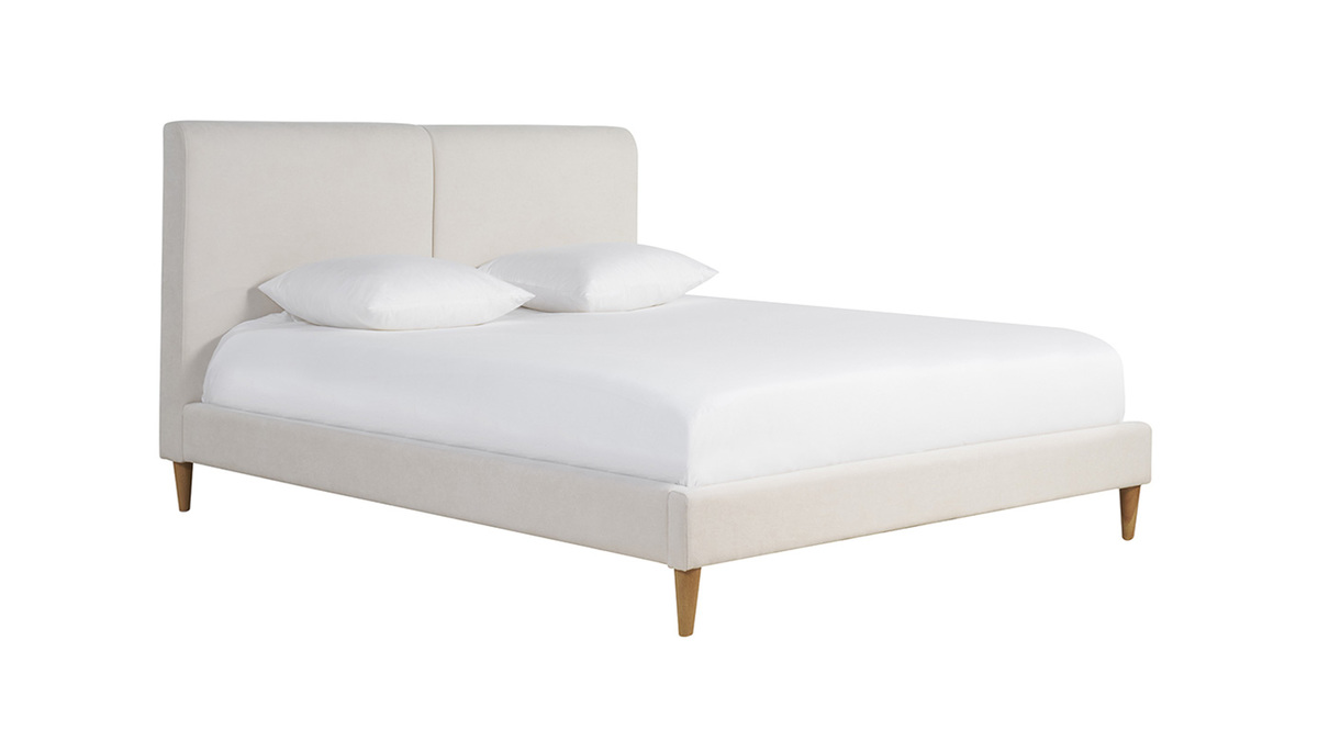 Cama de 2 plazas 160 x 200 cm de tela beige y madera clara SALOME