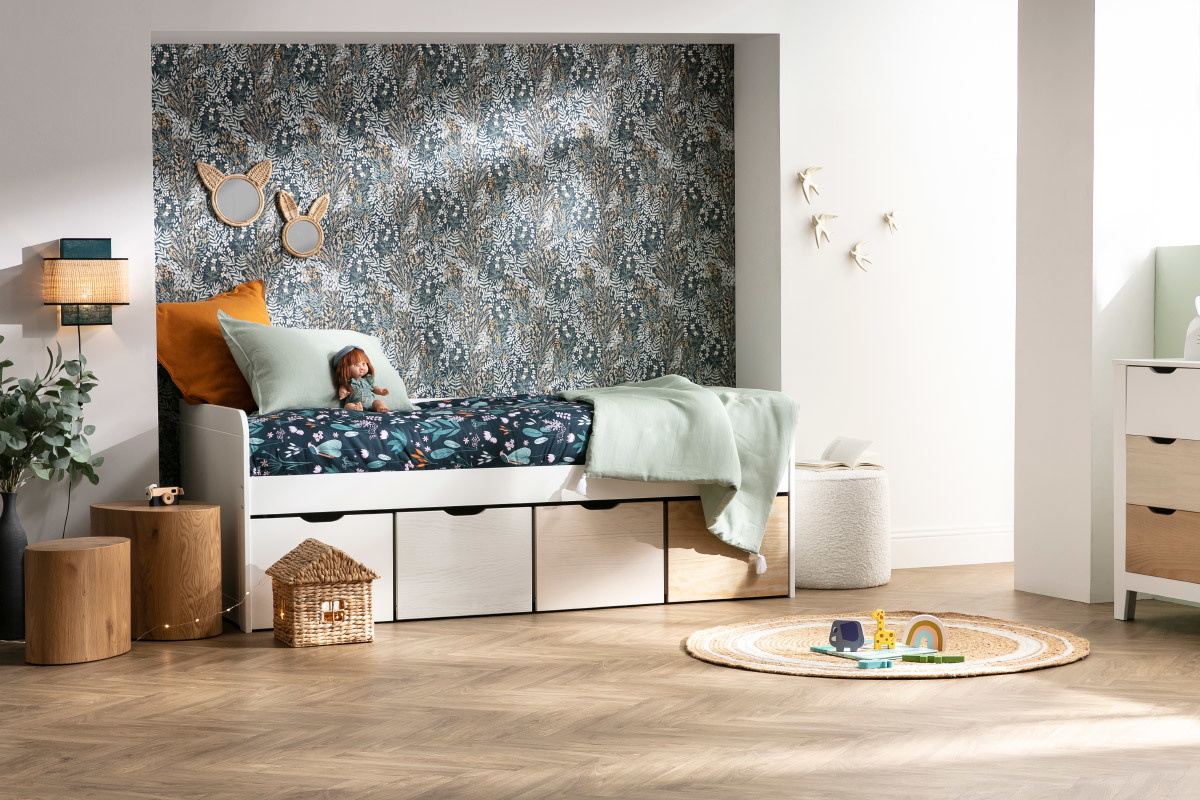 Cama infantil con almacenaje 4 cajones madera y blanca MOLENE