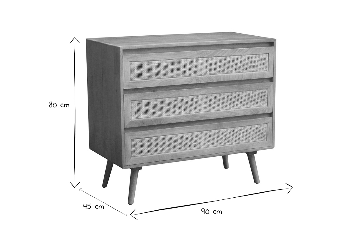 Cmoda de madera maciza de mango y caa de ratn 3 cajones 90 cm ACANGE