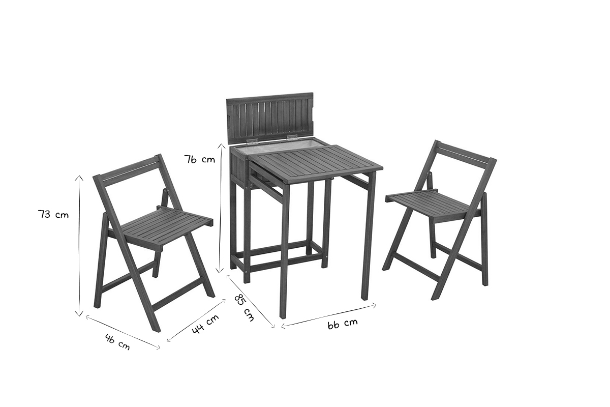 Conjunto de 2 sillas plegables y 1 mesa de balcn abatible con almacenaje de madera maciza PRADO