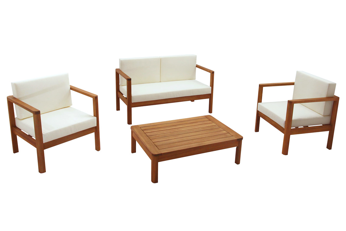 Conjunto de jardn de 4 plazas de madera maciza con cojines beige AKIS