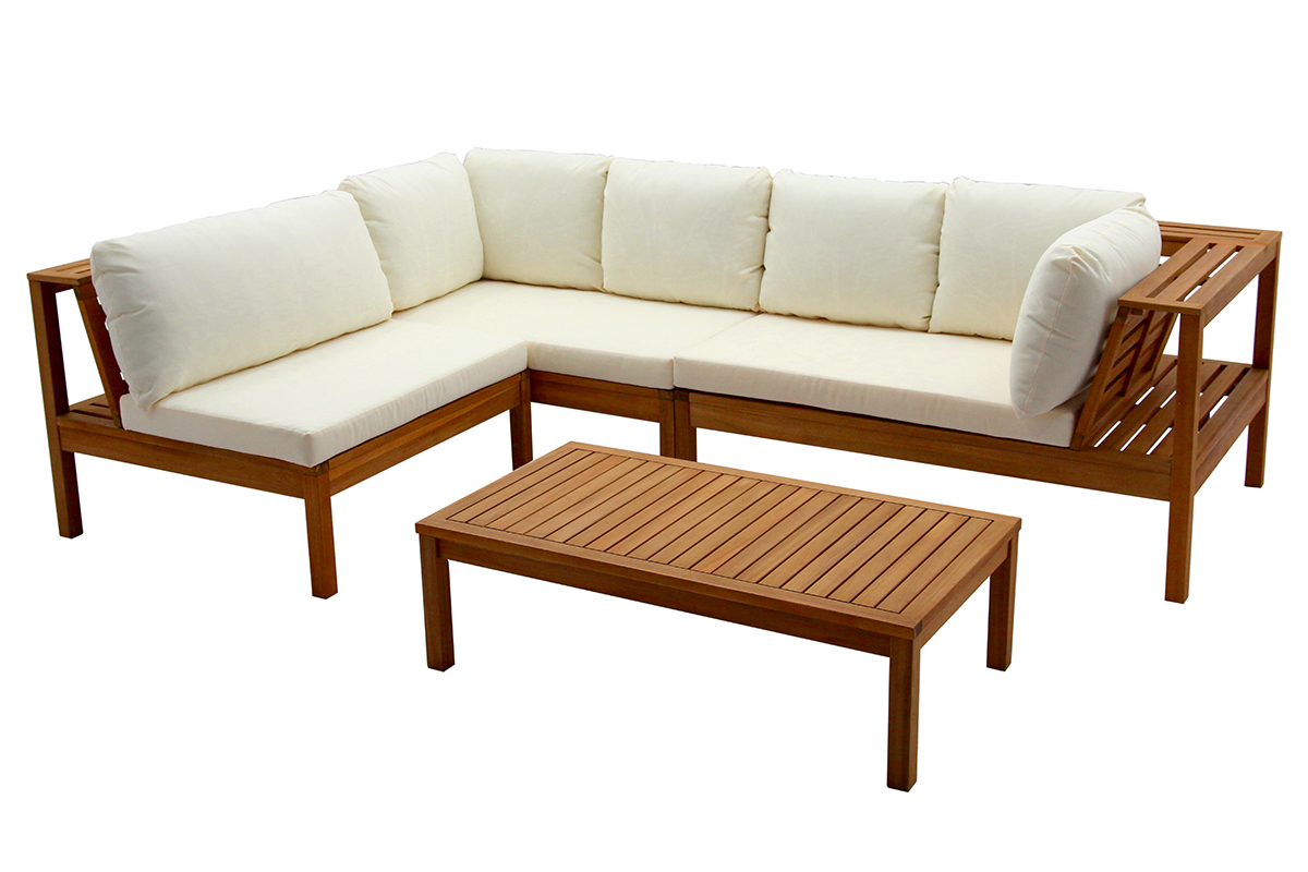 Conjunto de jardn esquinero de acacia maciza con cojines beige BELIZE