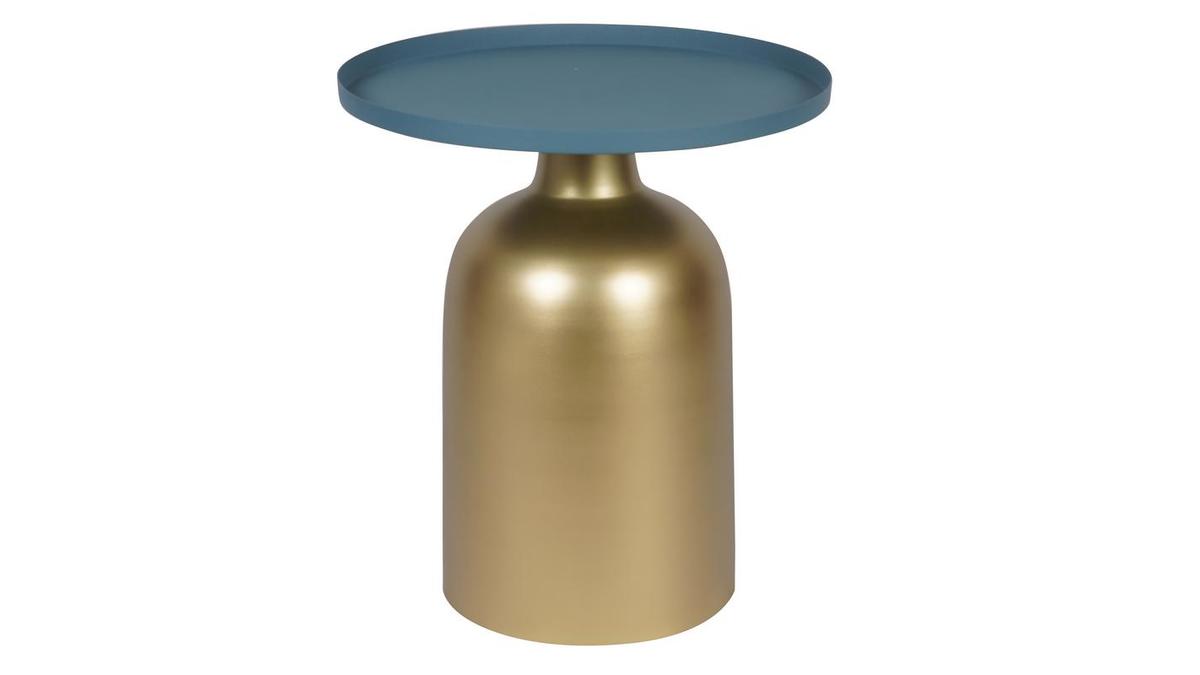 Mesa auxiliar de diseo redondo de metal dorado con el tablero azul petrleo mate RAMSES