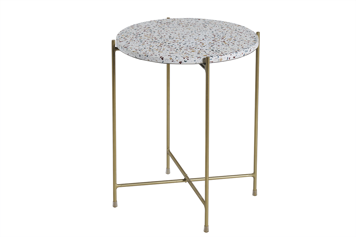 Mesa auxiliar redonda de terrazo y metal dorado 40cm dim. MEZZO