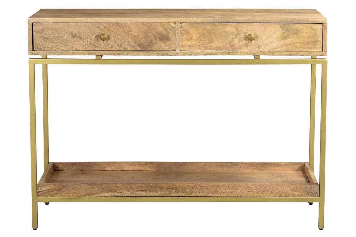 Mesa consola con 2 cajones de madera clara y maciza de mango y metal dorado 110 cm OCTAVIE