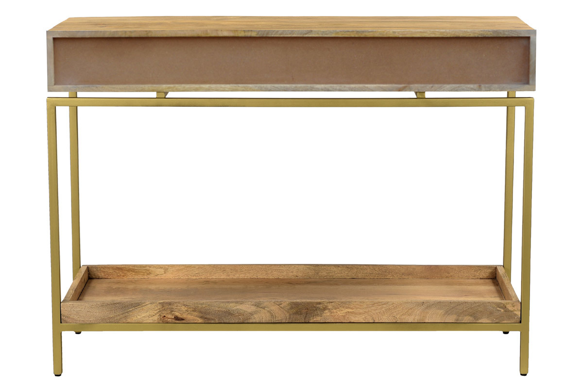 Mesa consola con 2 cajones de madera clara y maciza de mango y metal dorado 110 cm OCTAVIE