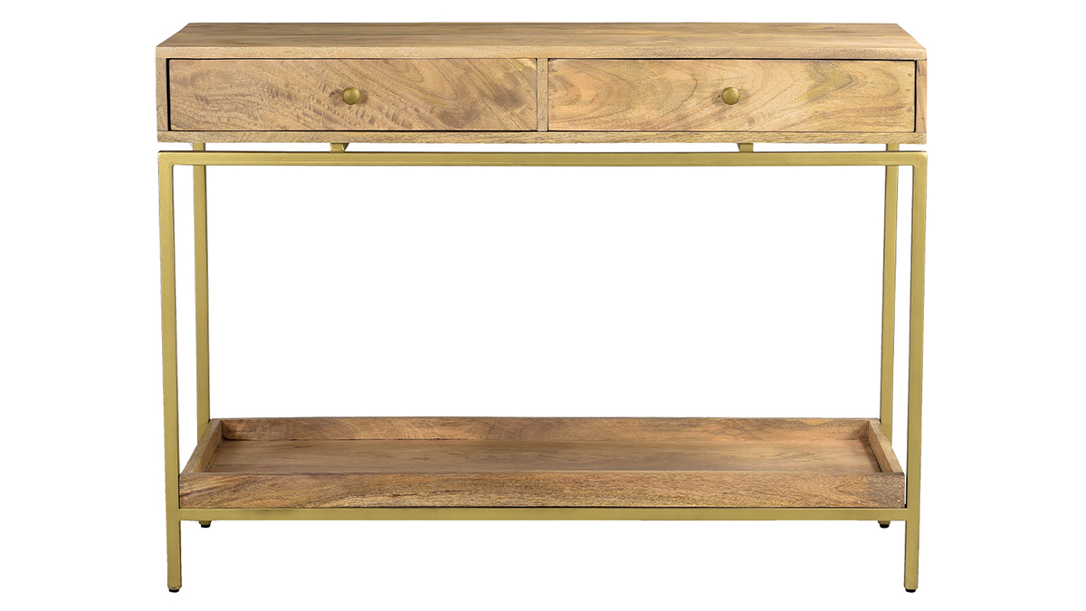 Mesa consola con 2 cajones de madera clara y maciza de mango y metal dorado 110 cm OCTAVIE