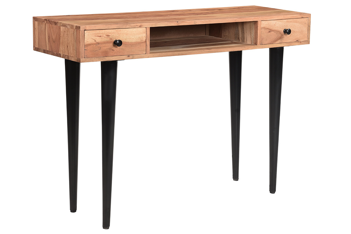 Mesa consola con 2cajones de madera de acacia maciza y metal negro 115cm LORD