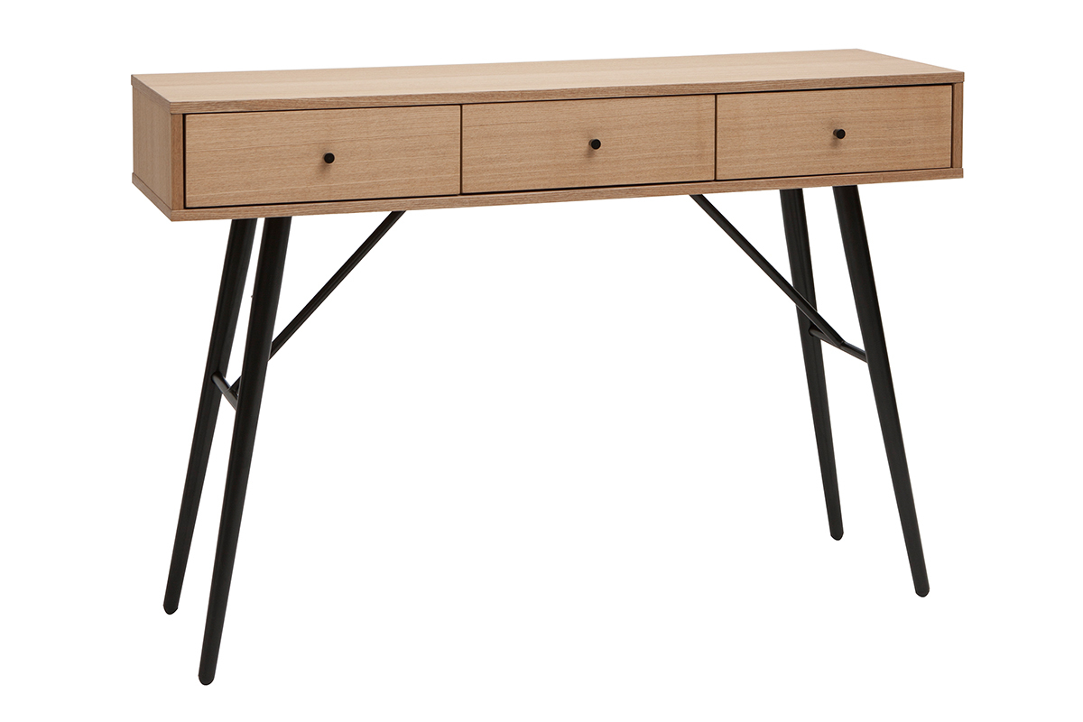 Mesa consola con 3cajones de madera clara y metal negro 120 ALSTORIA