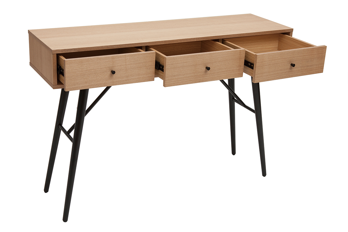 Mesa consola con 3cajones de madera clara y metal negro 120 ALSTORIA