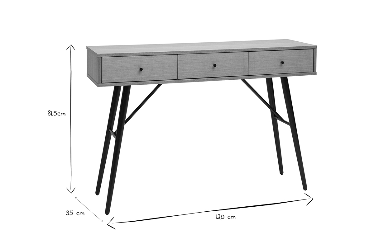 Mesa consola con 3cajones de madera clara y metal negro 120 ALSTORIA