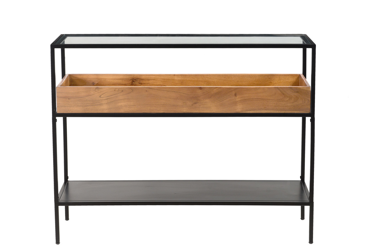 Mesa consola de metal negro con tablero de cristal y estante de madera maciza 100 cm HAORA