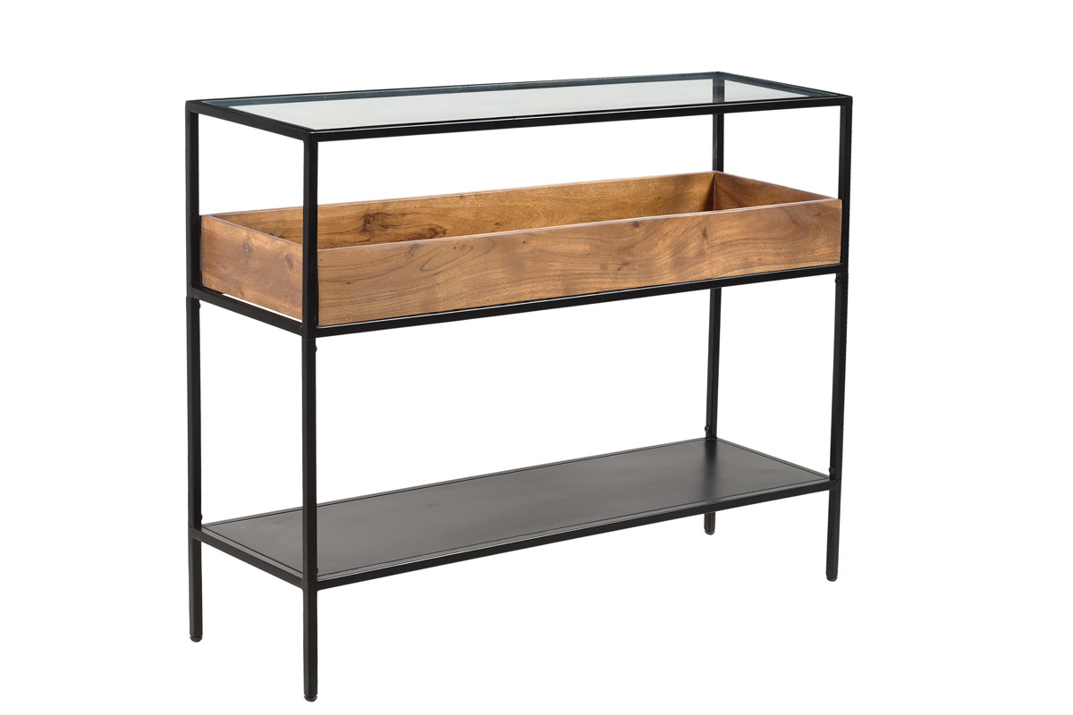 Mesa consola de metal negro con tablero de cristal y estante de madera maciza 100 cm HAORA