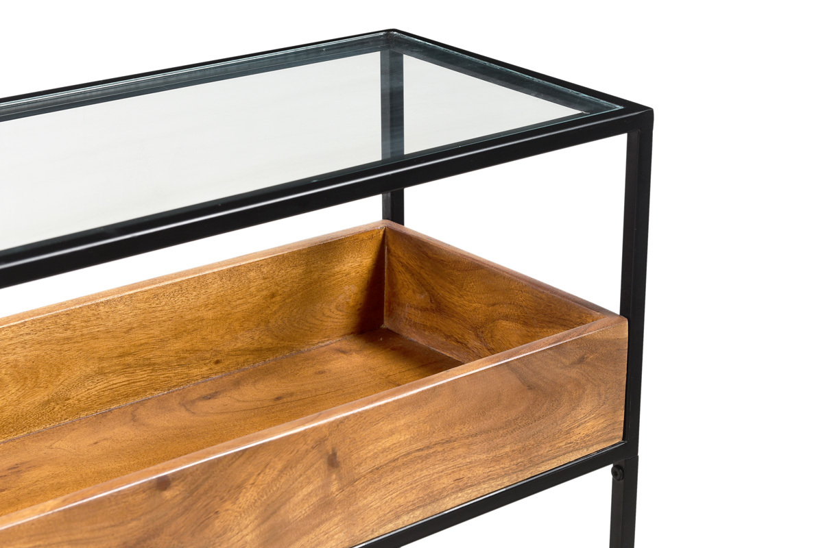 Mesa consola de metal negro con tablero de cristal y estante de madera maciza 100 cm HAORA