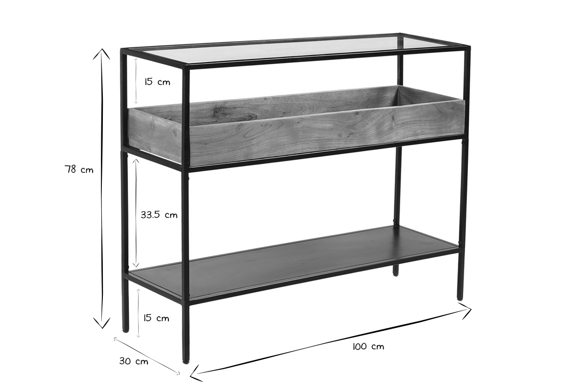 Mesa consola de metal negro con tablero de cristal y estante de madera maciza 100 cm HAORA