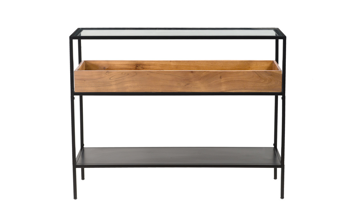 Mesa consola de metal negro con tablero de cristal y estante de madera maciza 100 cm HAORA