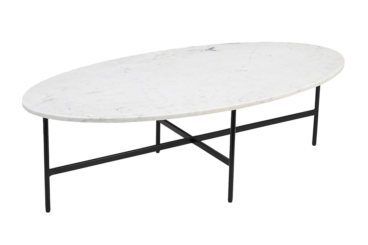 Mesa de caf oval de mrmol blanco y metal negro L115 cm CARRARE