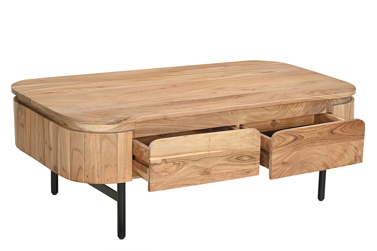 Mesa de centro con almacenaje de madera maciza y metal negro con 4 cajones 115 cm NAPOLI