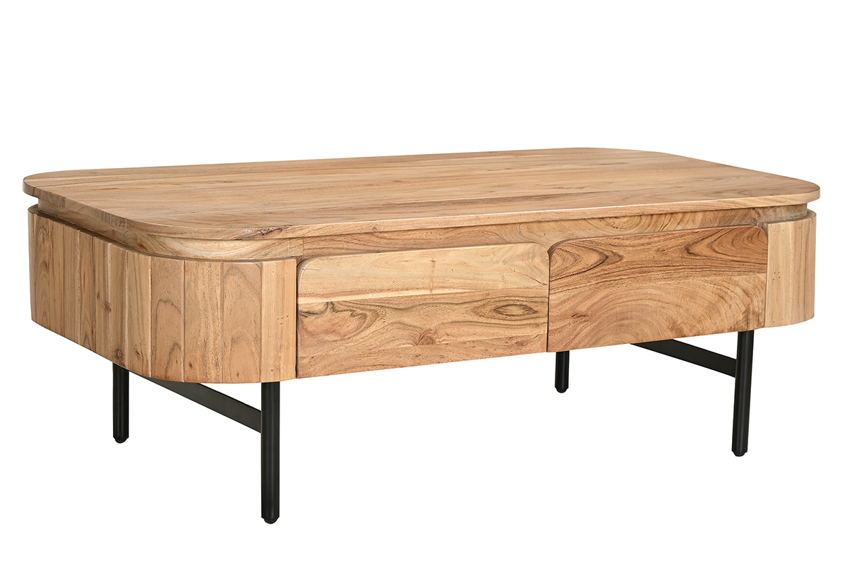 Mesa de centro con almacenaje de madera maciza y metal negro con 4 cajones 115 cm NAPOLI