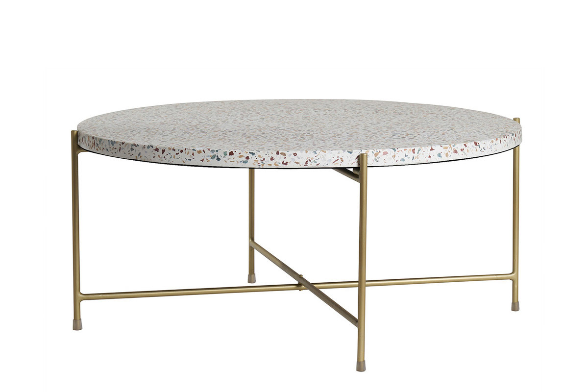 Mesa de centro de diseo redonda de terrazo y metal dorado 81 cm dim. MEZZO